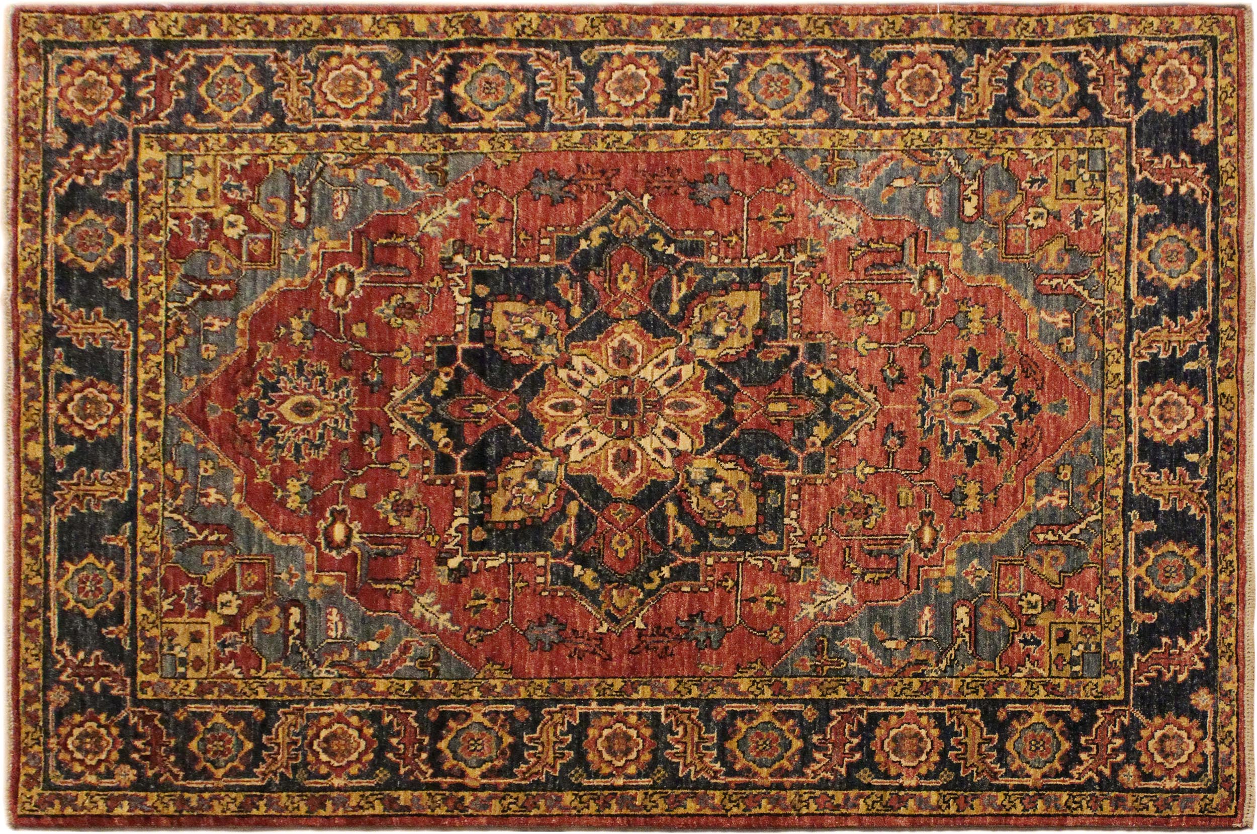 handmade Traditional Kafkaz Rust Blue Hand Knotted RECTANGLE 100% WOOL area rug 4' x 6'