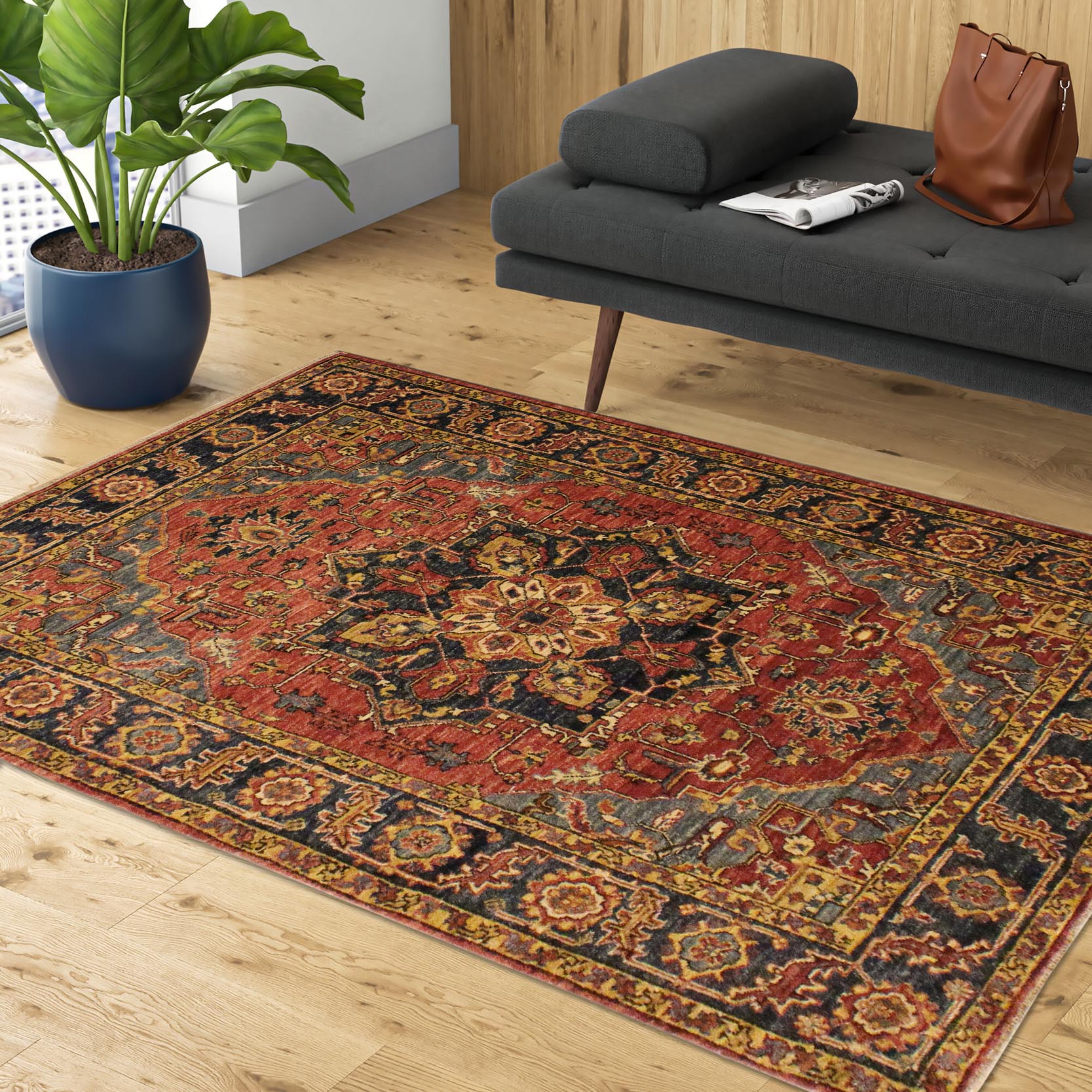 handmade Traditional Kafkaz Rust Blue Hand Knotted RECTANGLE 100% WOOL area rug 4' x 6'