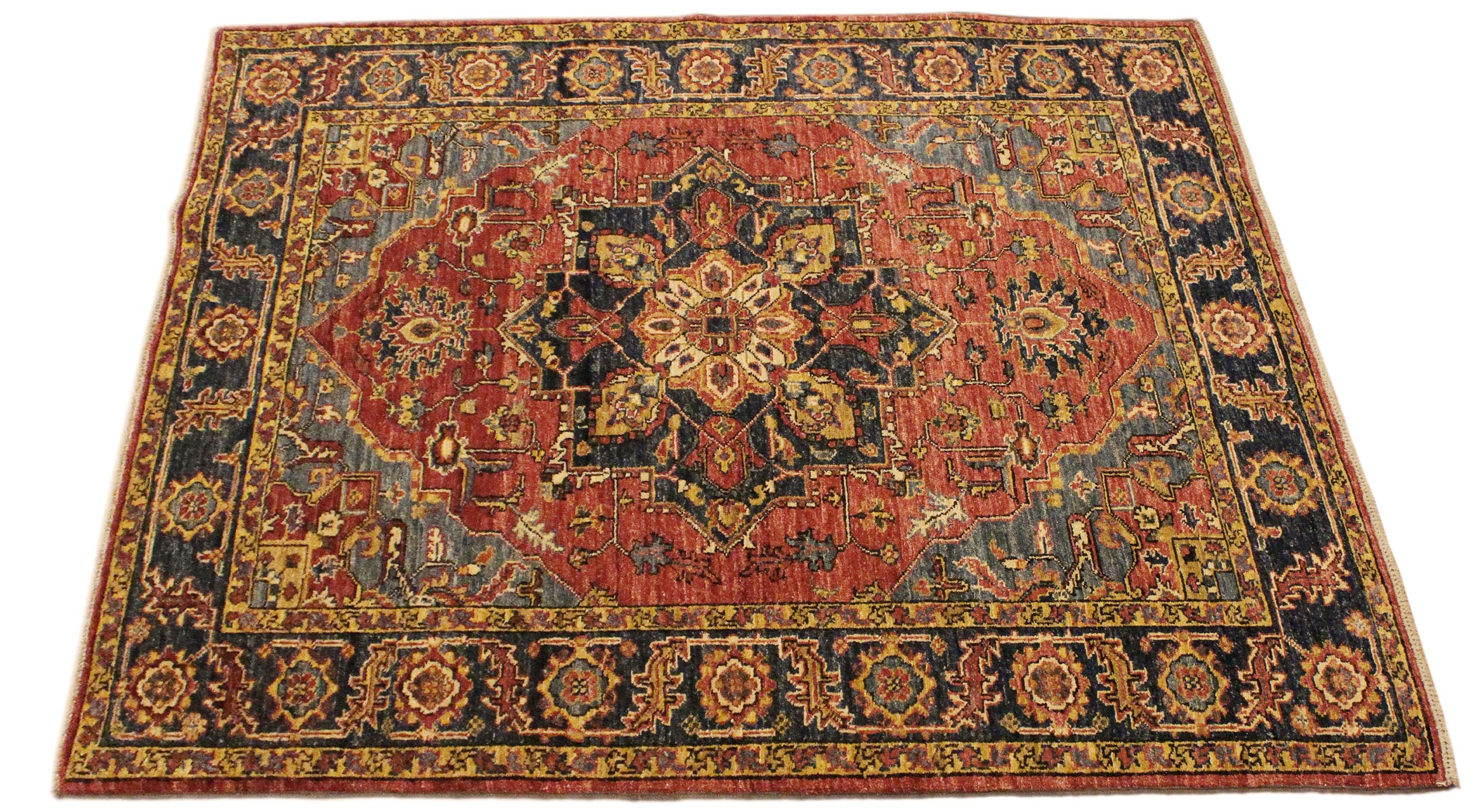 handmade Traditional Kafkaz Rust Blue Hand Knotted RECTANGLE 100% WOOL area rug 4' x 6'