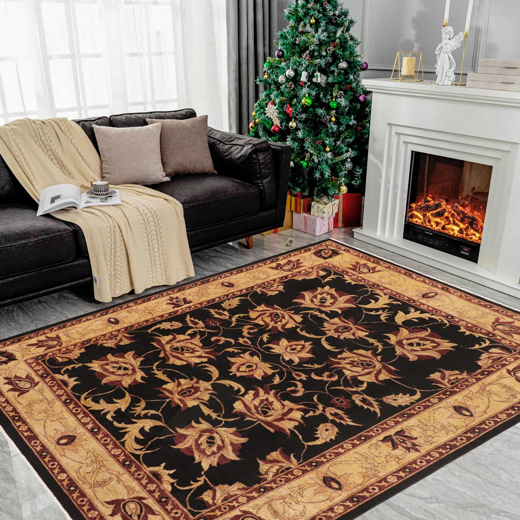 handmade Traditional Kafkaz Black Gold Hand Knotted RECTANGLE 100% WOOL area rug 9x12