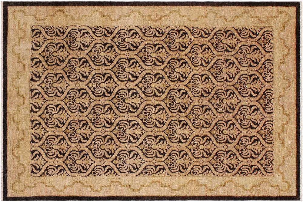handmade Transitional Kafkaz Black Tan Hand Knotted RECTANGLE 100% WOOL area rug 9' x 12'