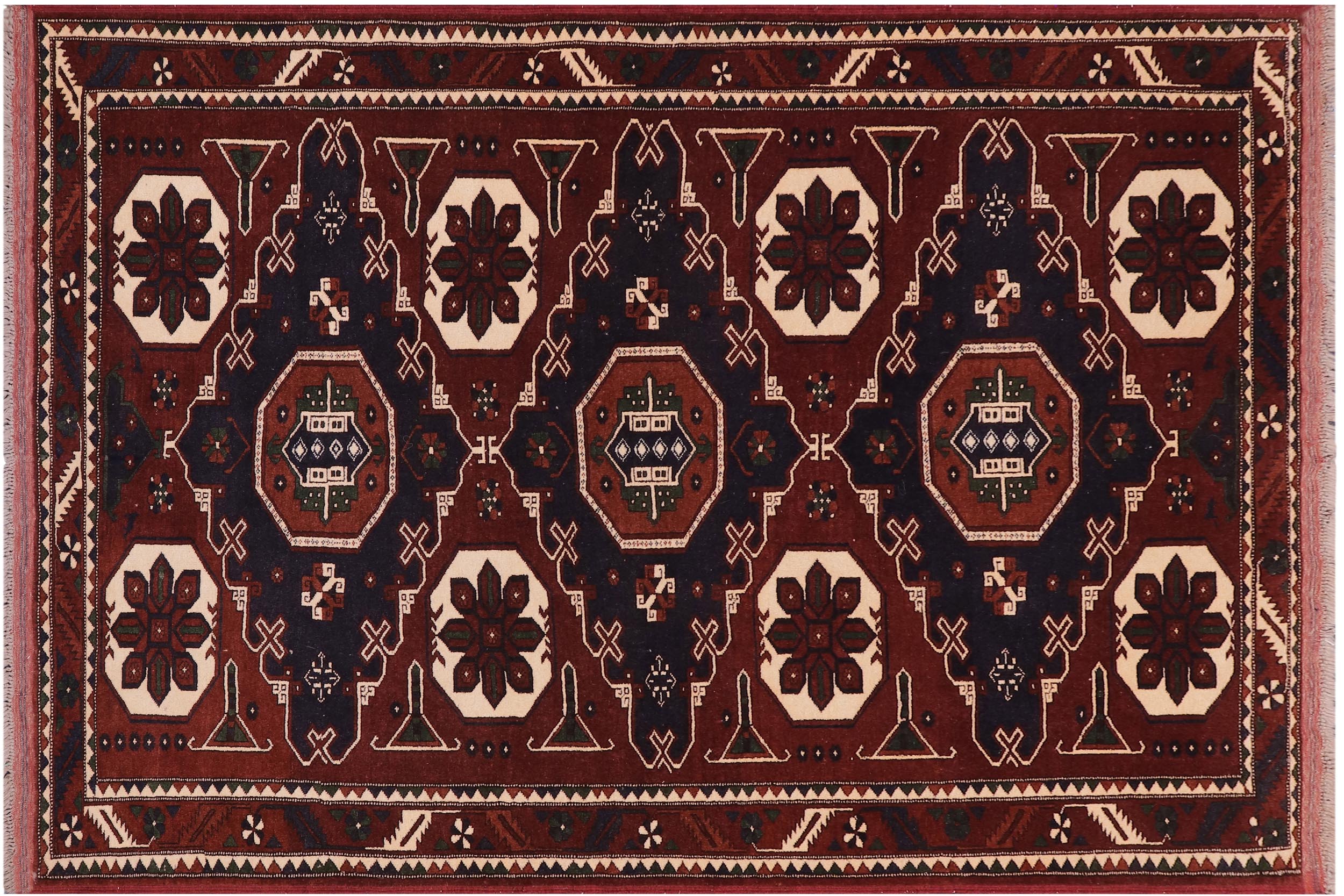 handmade Geometric Kargahi Brown Blue Hand Knotted RECTANGLE 100% WOOL area rug 5x6