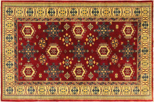 handmade Geometric Sherwan Red Gold Hand Knotted RECTANGLE 100% WOOL area rug 4x6