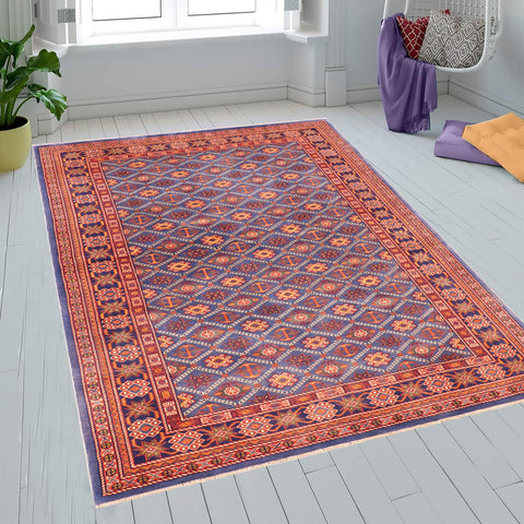 handmade Geometric Sherwan Red Blue Hand Knotted RECTANGLE 100% WOOL area rug 5x7