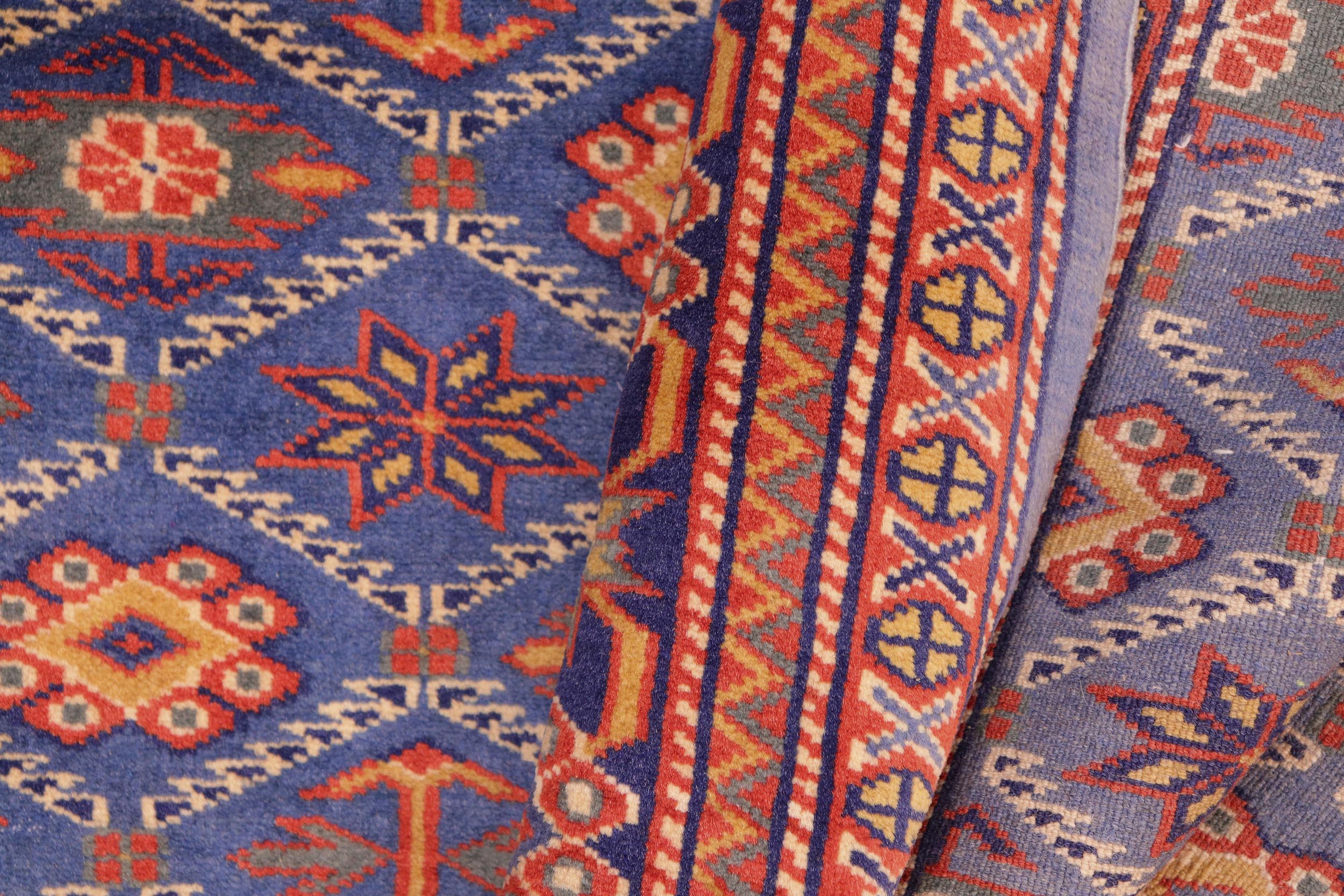 handmade Geometric Sherwan Red Blue Hand Knotted RECTANGLE 100% WOOL area rug 5x7