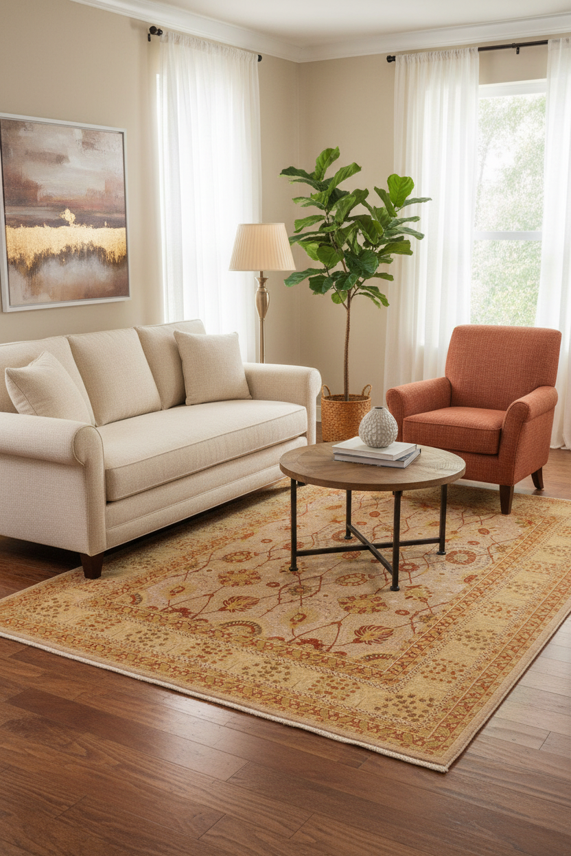 A styled living room scene featuring a large beige and brown patterned area rug on dark wood flooring, with a cream sofa, rust-orange armchair, round coffee table, and a potted green plant.