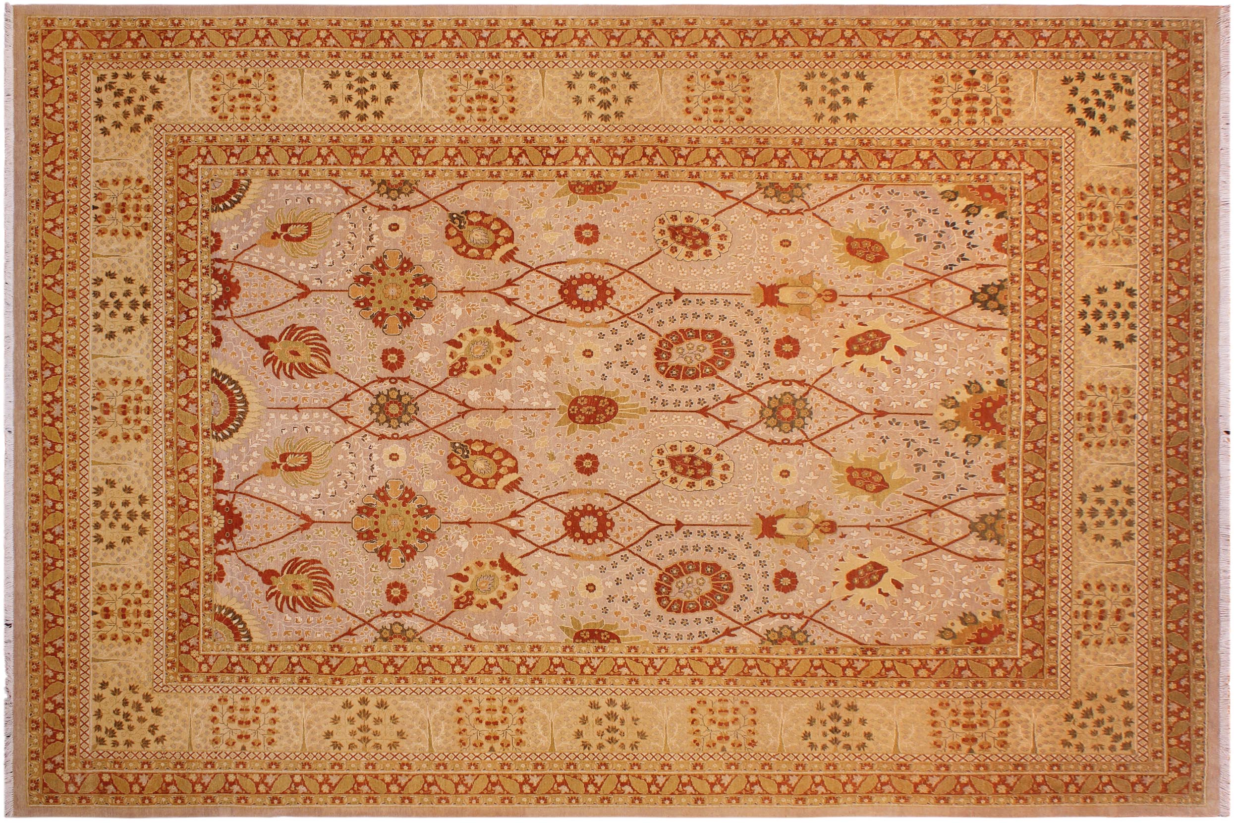 An ornate rectangular area rug with a cream and beige field, decorated with intricate red, orange, and brown floral and geometric patterns, surrounded by a wide matching border.