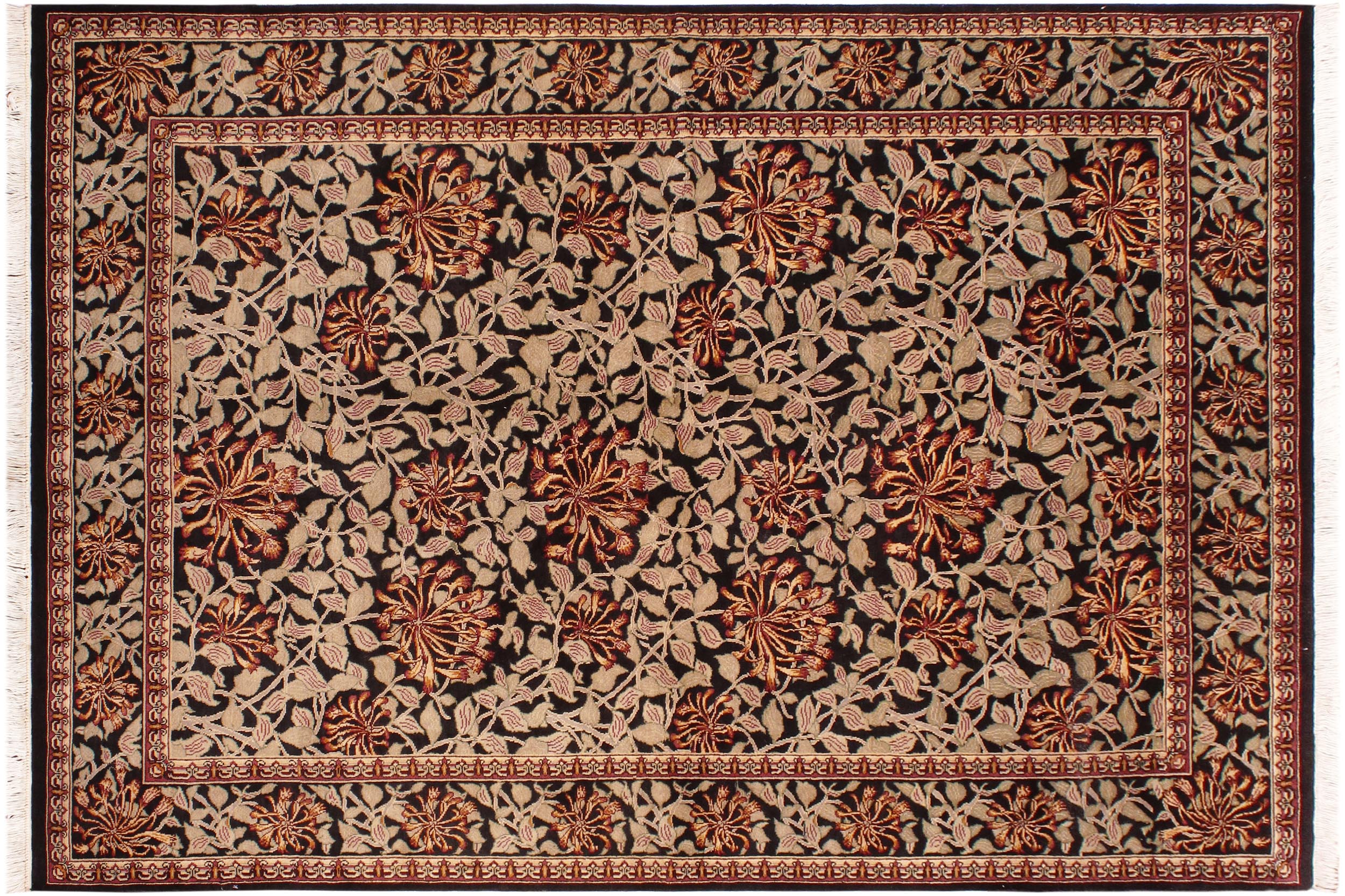 handmade Transitional Honeysuckle Black Tan Hand Knotted RECTANGLE 100% WOOL area rug 6x9