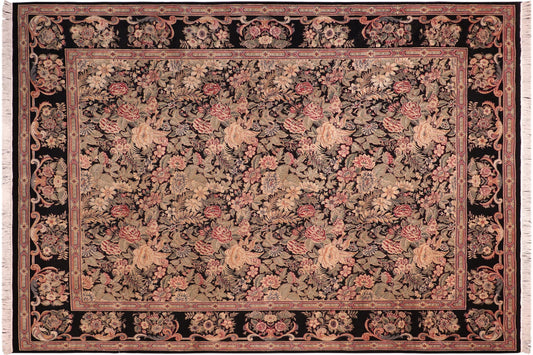 handmade Transitional Abusson Black Gray Hand Knotted RECTANGLE 100% WOOL area rug 8x11