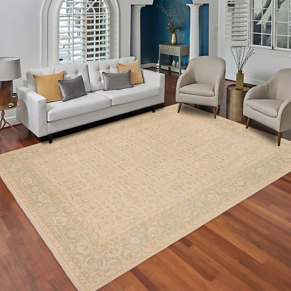 handmade Transitional Kafkaz Beige Green Hand Knotted RECTANGLE 100% WOOL area rug 9' x 12'