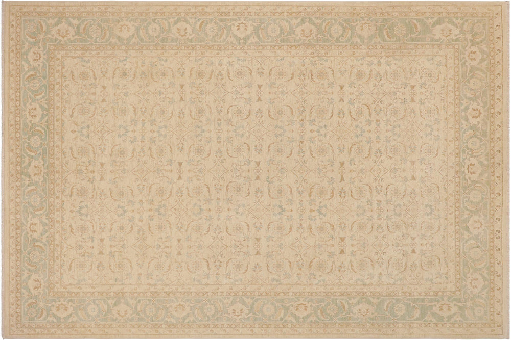 handmade Transitional Kafkaz Beige Green Hand Knotted RECTANGLE 100% WOOL area rug 9' x 12'