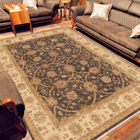 handmade Transitional Kafkaz Charcoal Beige Hand Knotted RECTANGLE 100% WOOL area rug 9' x 12'