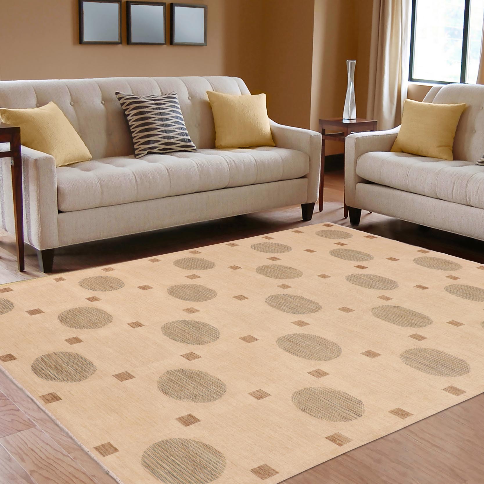handmade Modern Kafkaz Tan Green Hand Knotted RECTANGLE 100% WOOL area rug 10' x 14'