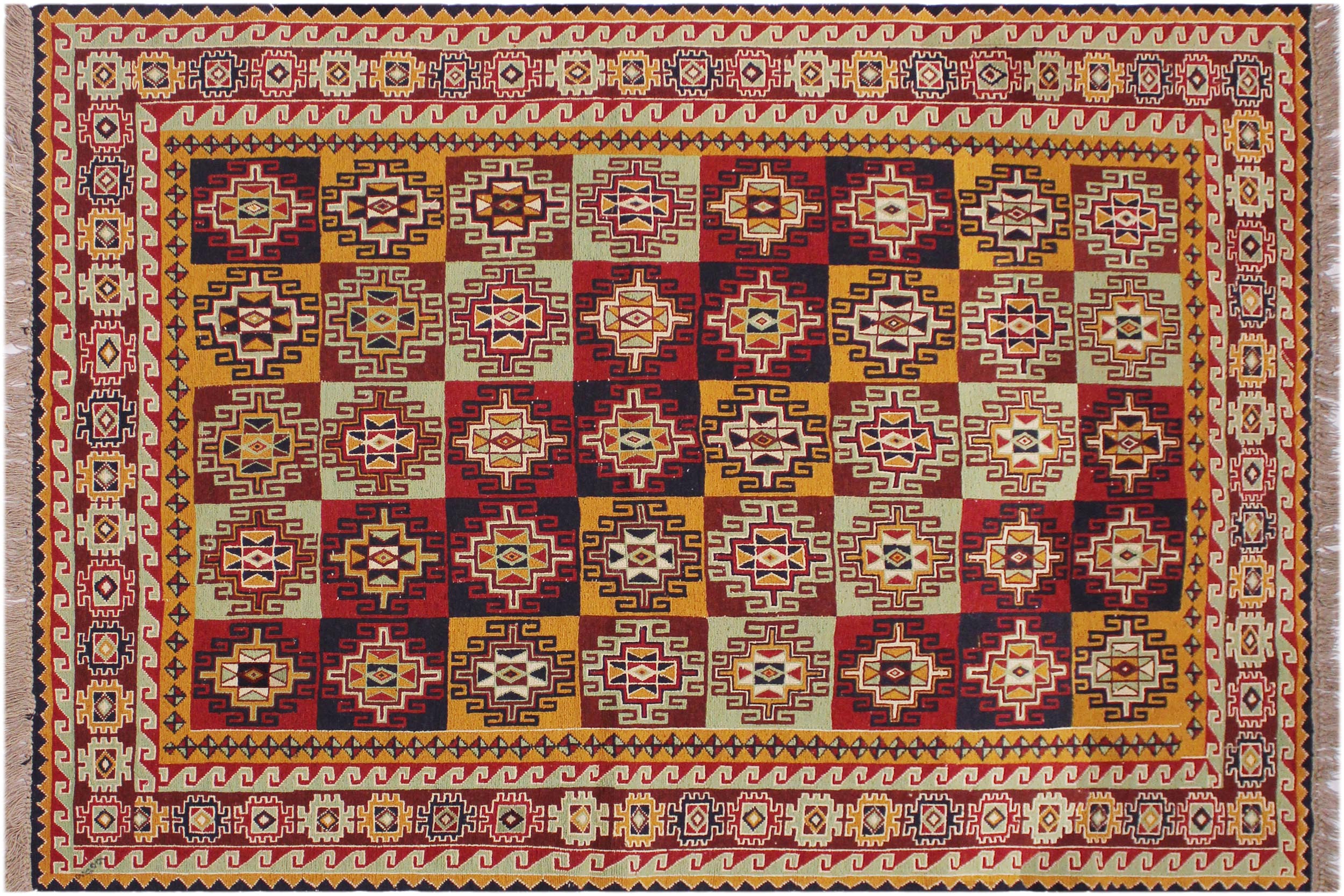 handmade Geometric Soumakh Red Green Hand-Woven RECTANGLE 100% WOOL area rug 5 x 7