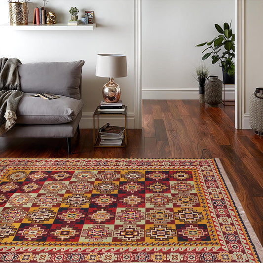 handmade Geometric Soumakh Red Green Hand-Woven RECTANGLE 100% WOOL area rug 5 x 7