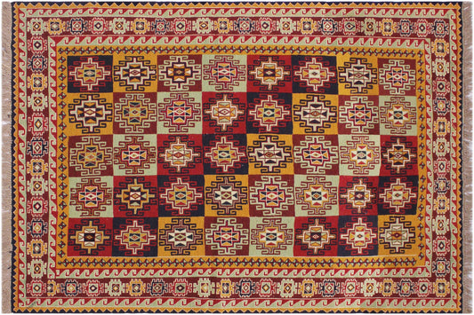 handmade Geometric Soumakh Red Green Hand-Woven RECTANGLE 100% WOOL area rug 5 x 7