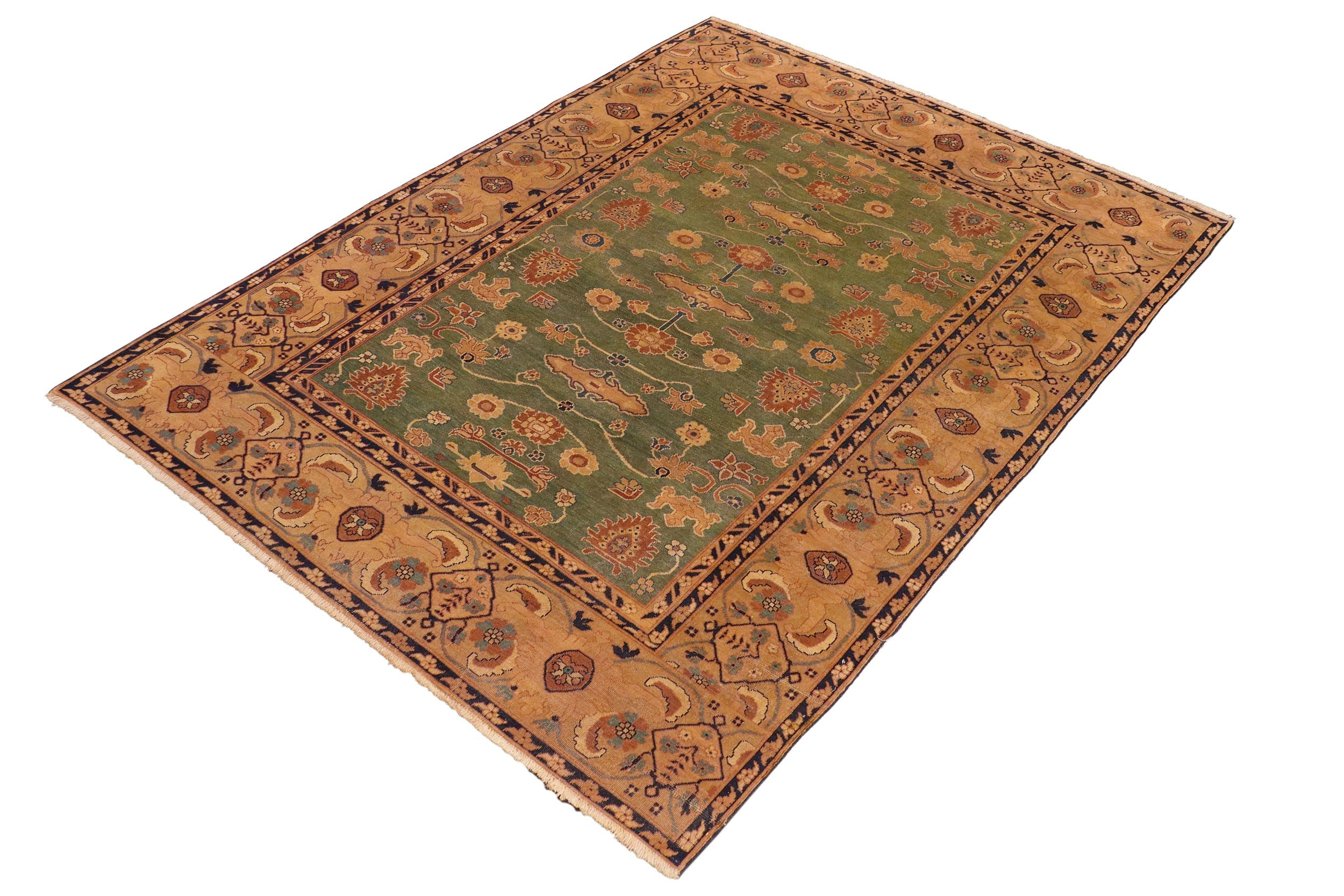 handmade Traditional Antique Green Tan Hand-Woven RECTANGLE 100% WOOL area rug 7x10