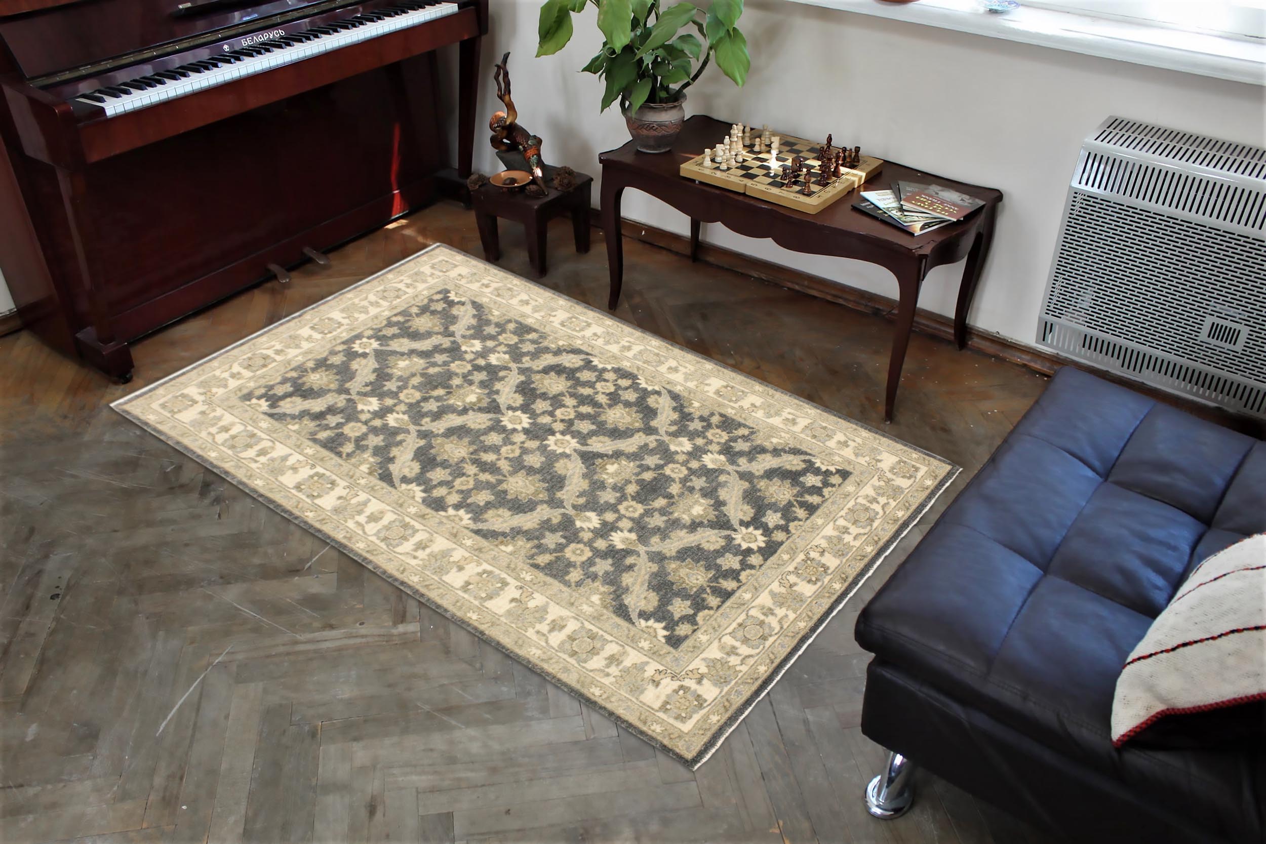 handmade Transitional Kafkaz Charcoal Blue Hand Knotted RECTANGLE 100% WOOL area rug 4' x 6'