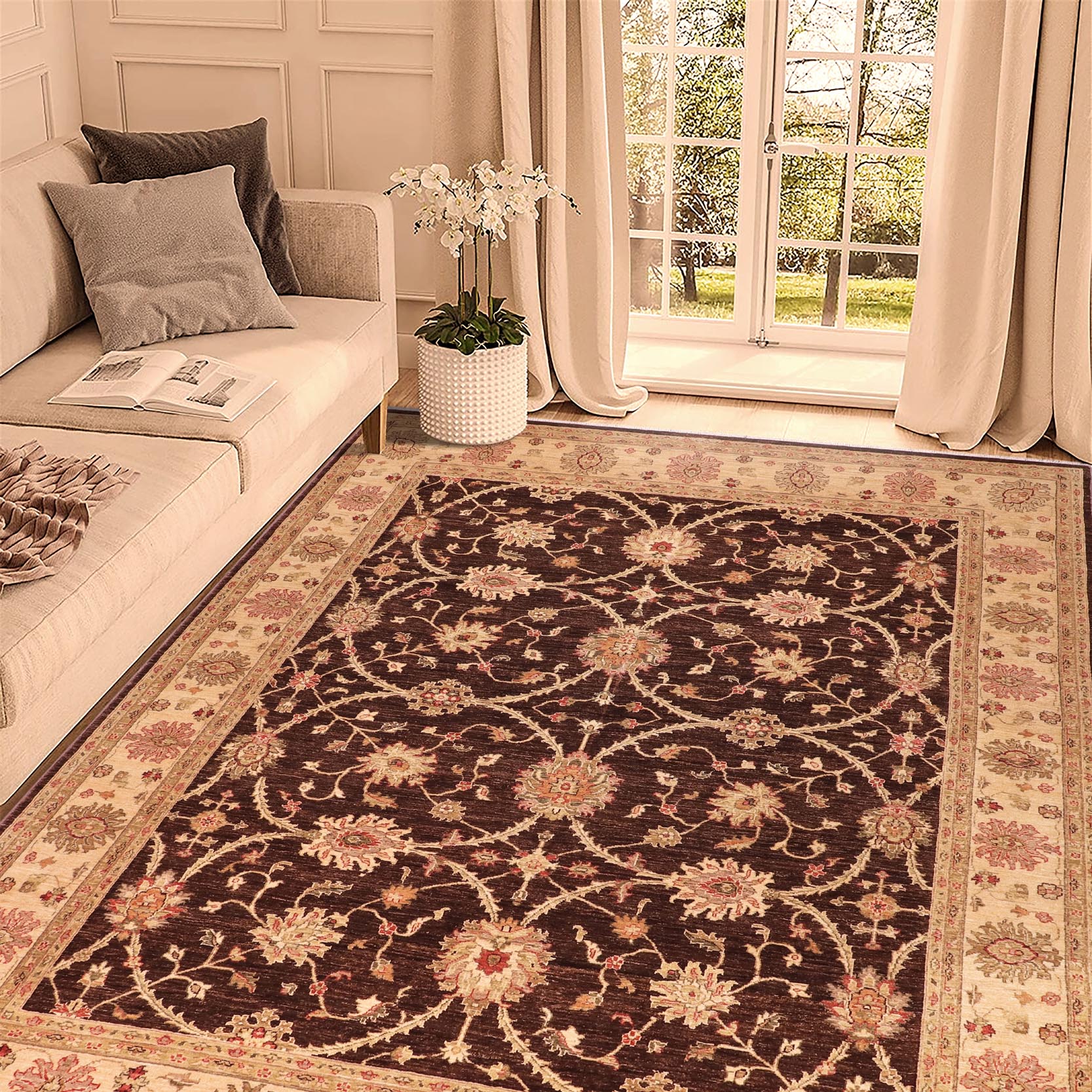 handmade Transitional Kafkaz Brown Beige Hand Knotted RECTANGLE 100% WOOL area rug 8' x 9'