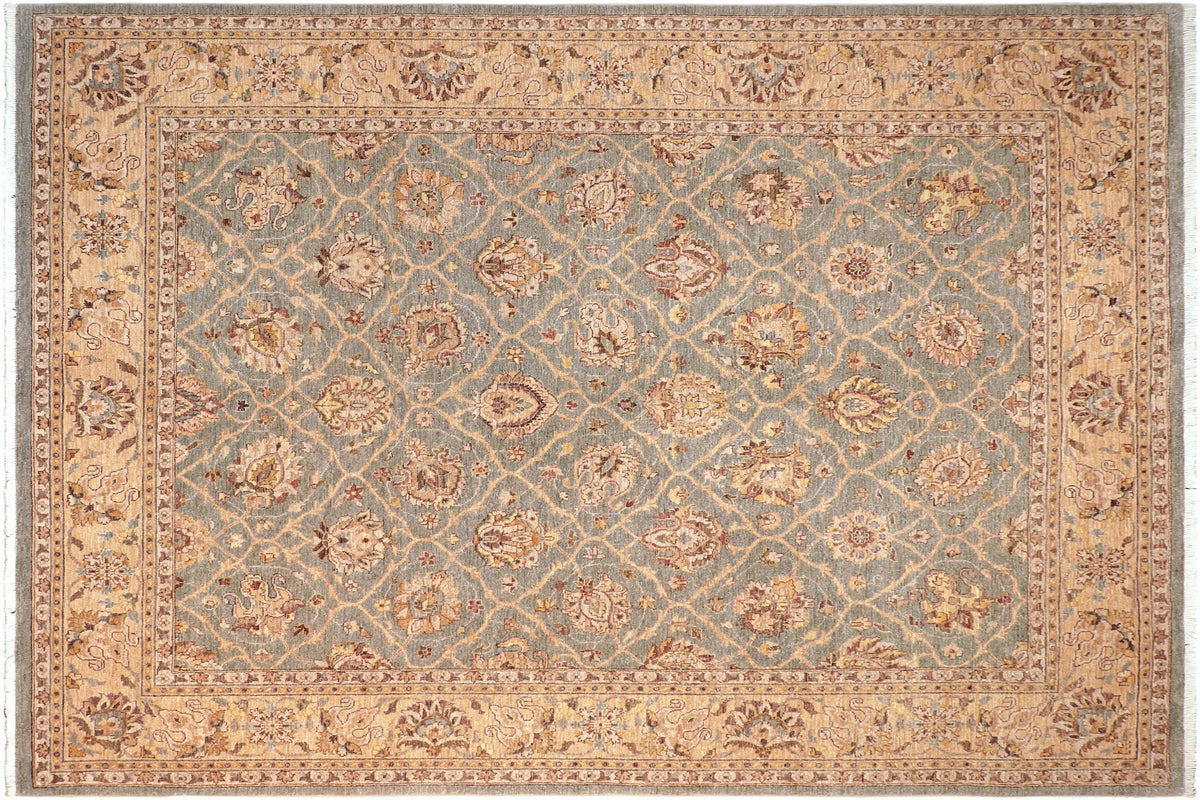 8x10 hand knotted transitional wool rug in green and beige - Oriental Lucilla
