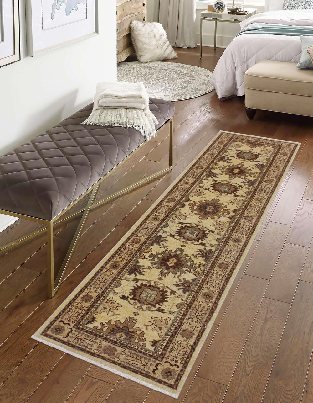 handmade Geometric Kafkaz Lt. Gold Tan Hand Knotted RUNNER 100% WOOL area rug 3' x 9'