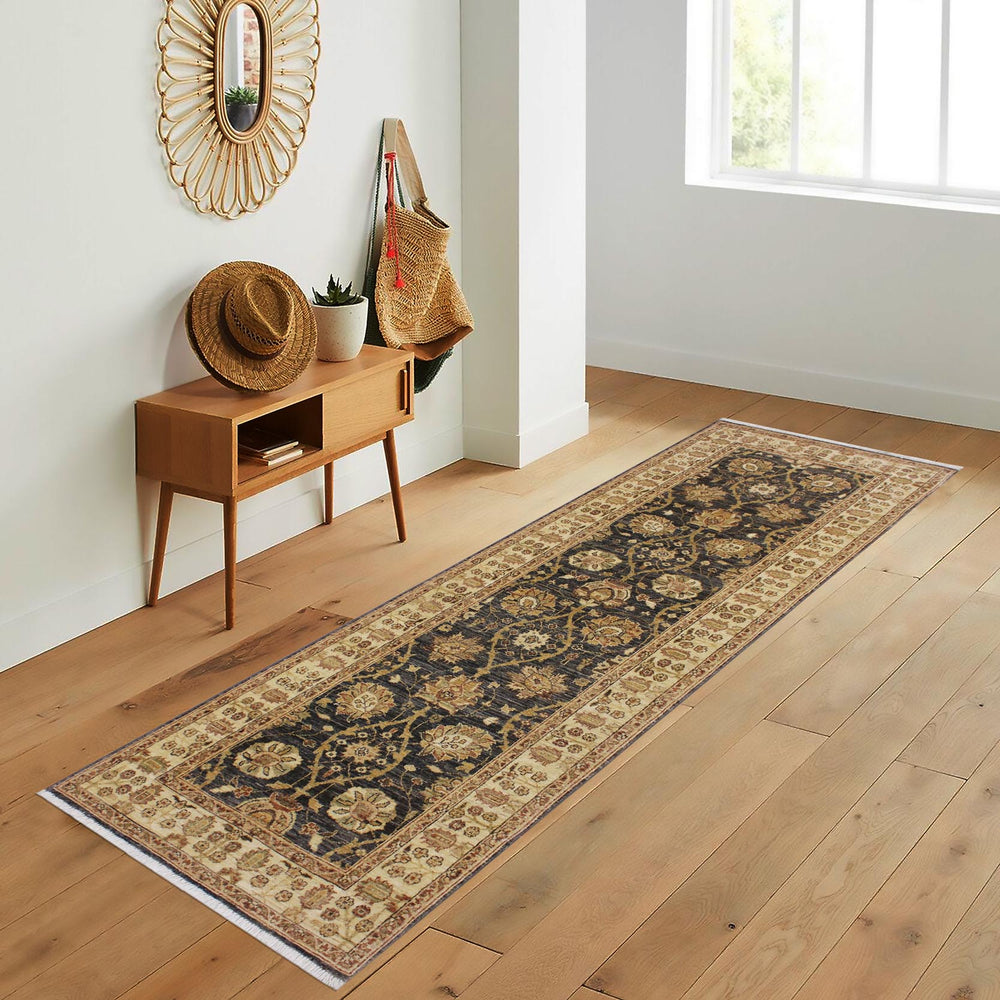 handmade Transitional Kafkaz Charcoal Ivory Hand Knotted RUNNER 100% WOOL area rug 3' x 9'