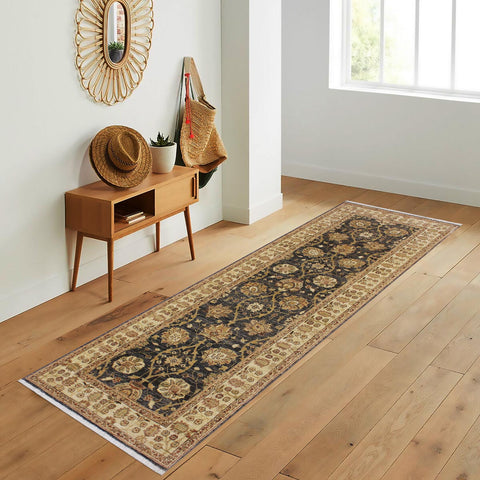 handmade Transitional Kafkaz Charcoal Ivory Hand Knotted RUNNER 100% WOOL area rug 3' x 9'