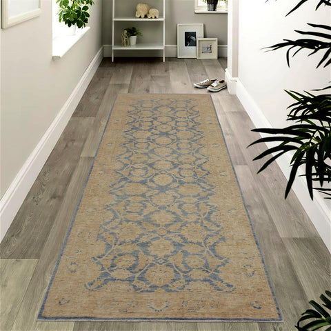 handmade Transitional Kafkaz Lt. Blue Lt. Gold Hand Knotted RUNNER 100% WOOL area rug 4' x 11'