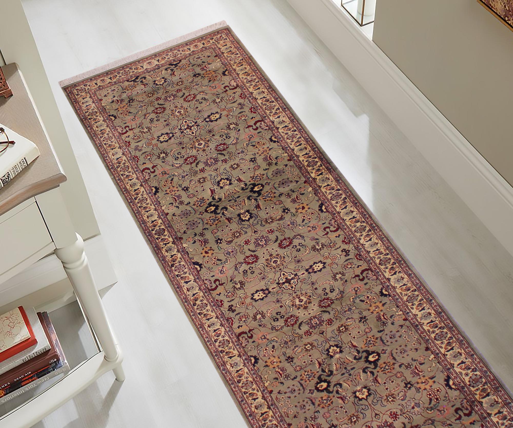 handmade Traditional Abasi Afsha Green Beige Hand Knotted RUNNER 100% WOOL area rug 3' x 13'