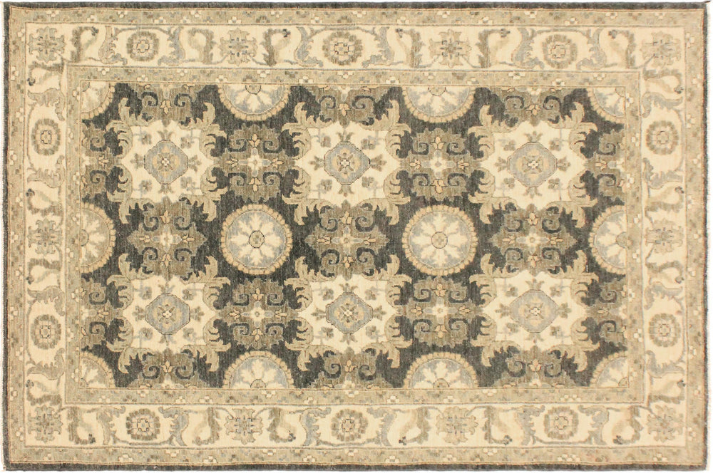 handmade Transitional Kafkaz Gray Ivory Hand Knotted RECTANGLE 100% WOOL area rug 4' x 6'