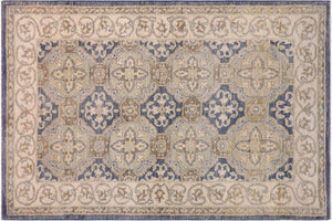 3x5 hand knotted transitional wool rug in blue and tan - Eclectic Mayola