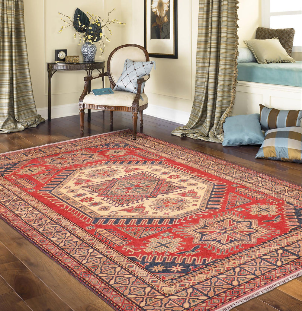 handmade Geometric Super Kazak Rust Tan Hand Knotted RECTANGLE 100% WOOL area rug 7' x 9'