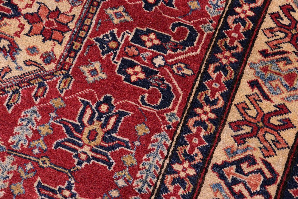 handmade Geometric Super Kazak Red Tan Hand Knotted RECTANGLE 100% WOOL area rug 4' x 6'