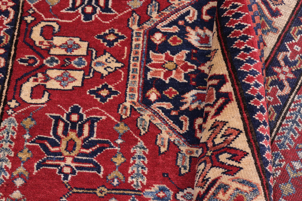 handmade Geometric Super Kazak Red Tan Hand Knotted RECTANGLE 100% WOOL area rug 4' x 6'