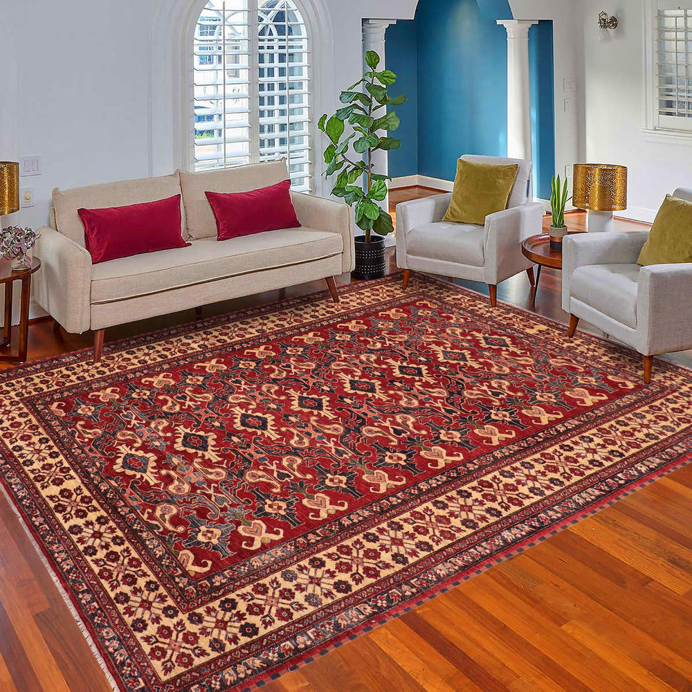 handmade Geometric Super Kazak Red Beige Hand Knotted RECTANGLE 100% WOOL area rug 8' x 11'