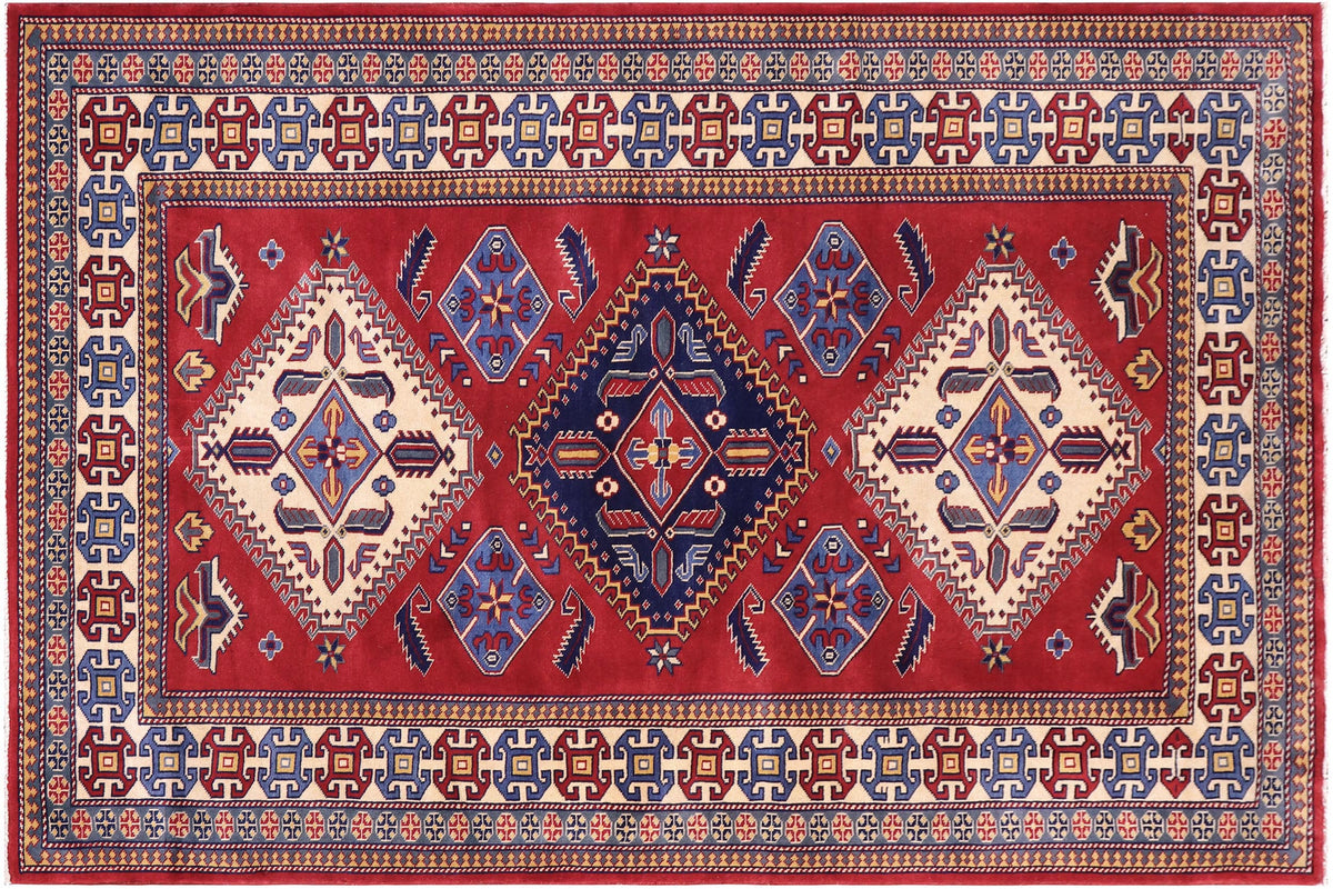 4x6 hand knotted Shirwan wool rug in red and beige - Rustic Shirwan Brent