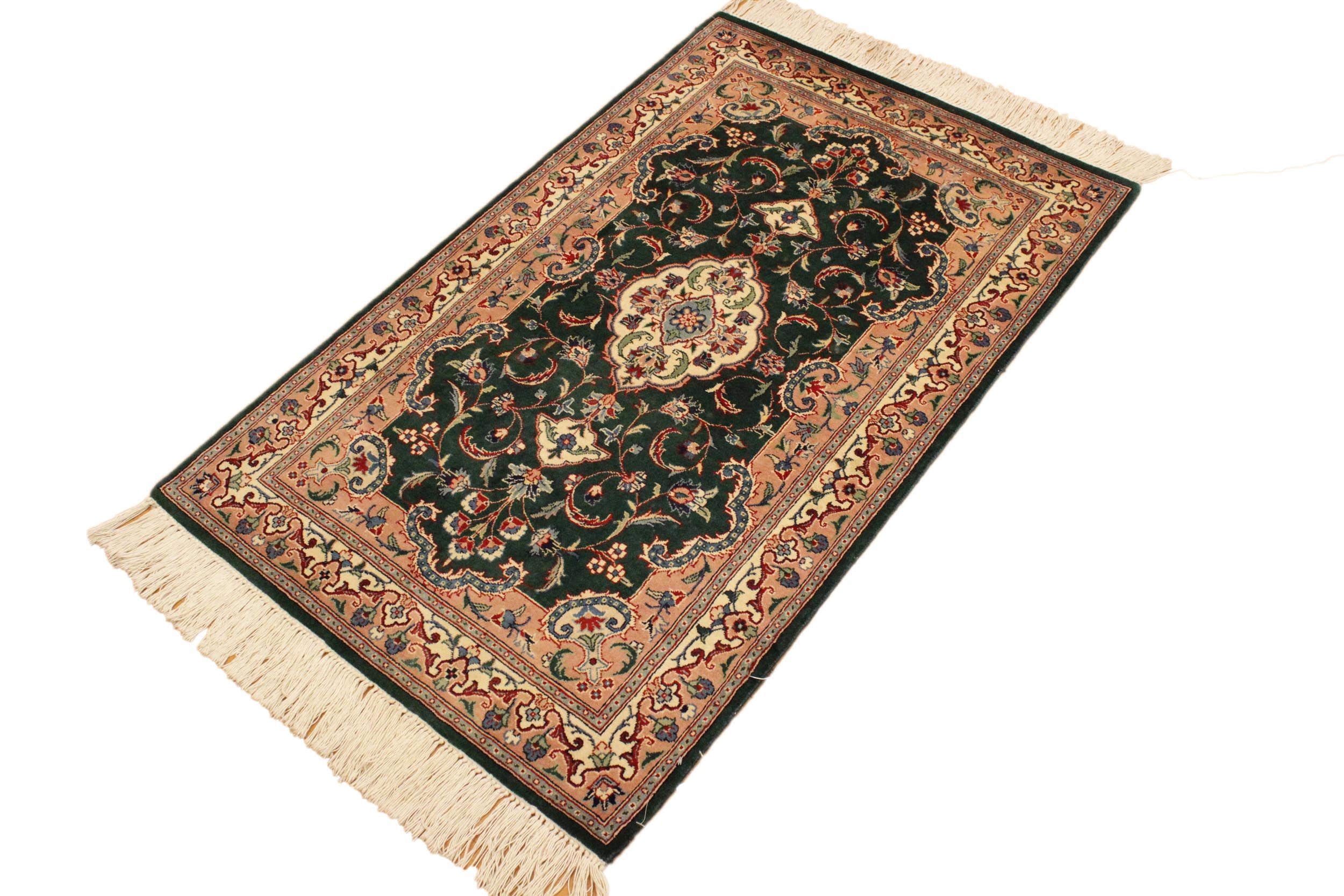 handmade Traditional Kashan Green Ivory Hand Knotted RECTANGLE 100% WOOL area rug 3x4