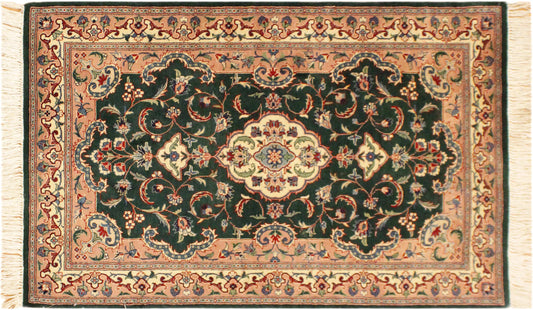 handmade Traditional Kashan Green Ivory Hand Knotted RECTANGLE 100% WOOL area rug 3x4