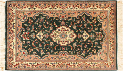 handmade Traditional Kashan Green Ivory Hand Knotted RECTANGLE 100% WOOL area rug 3x4