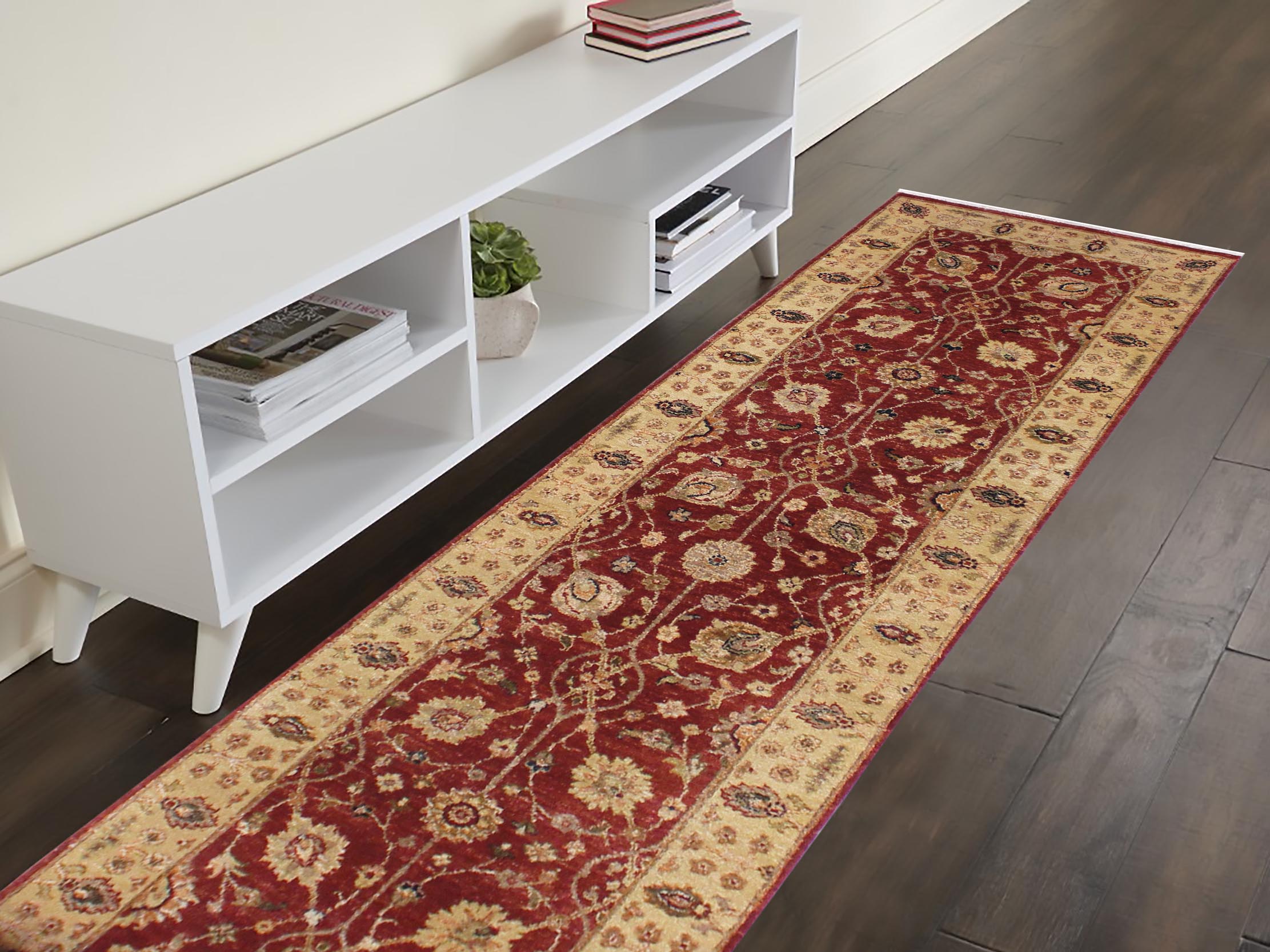 handmade Transitional Kirman Red Gold Hand Knotted RUNNER 100% WOOL area rug 3' x 12'