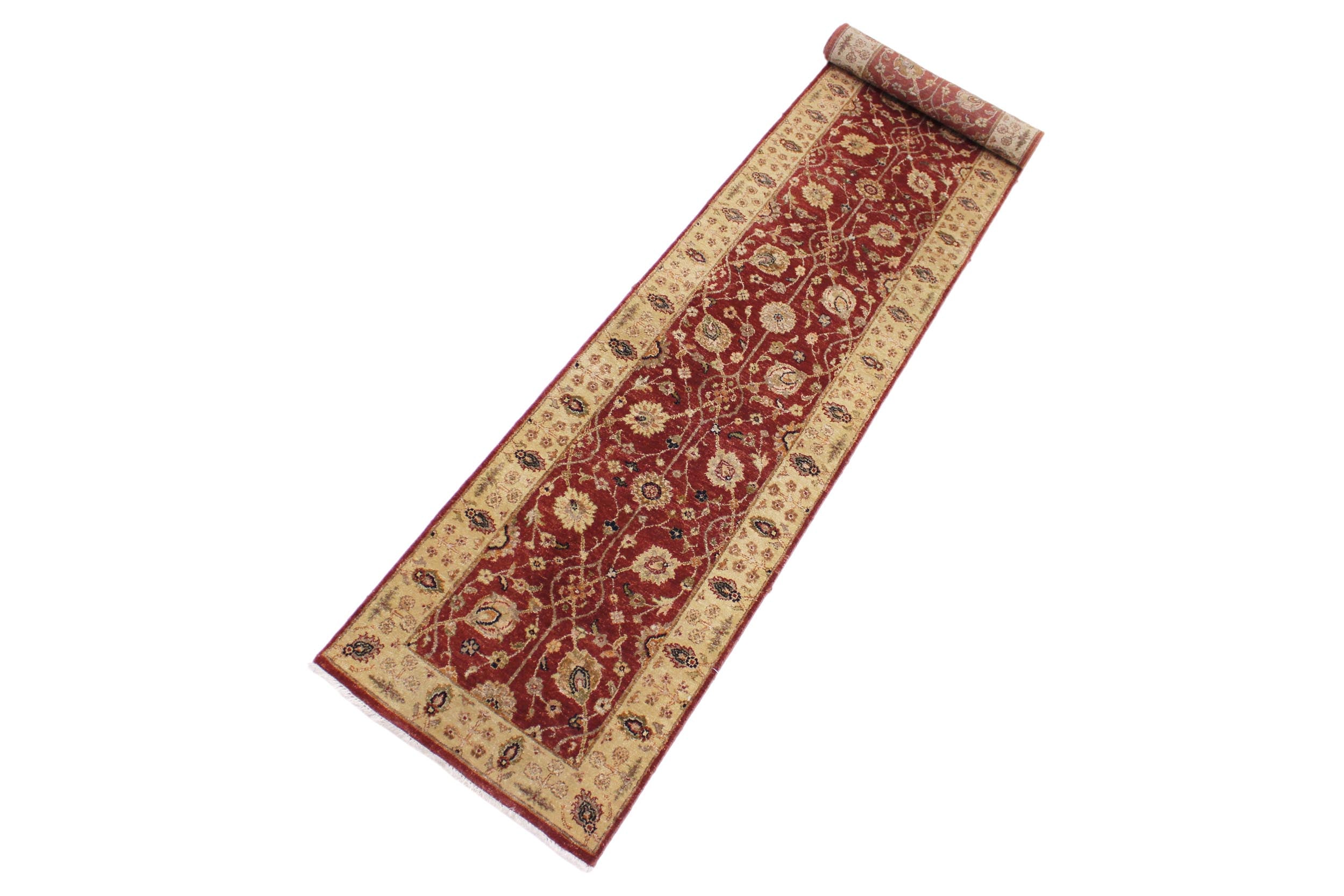 handmade Transitional Kirman Red Gold Hand Knotted RUNNER 100% WOOL area rug 3' x 12'