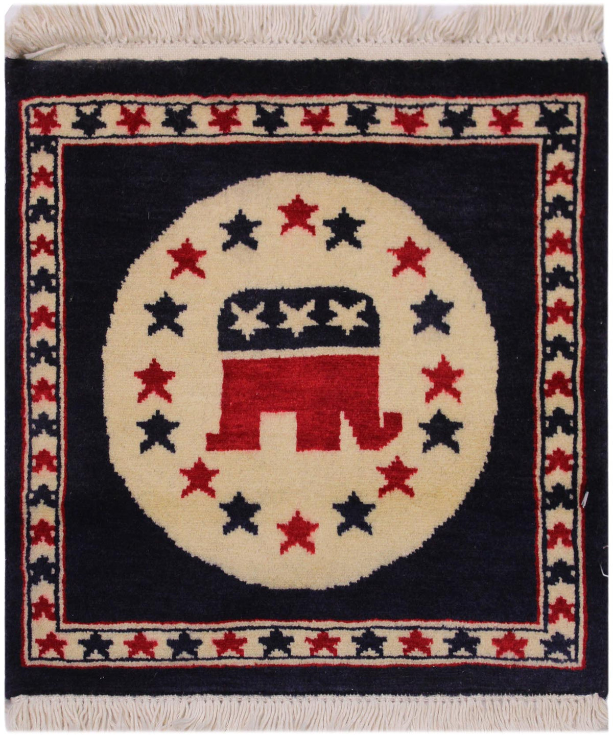 1'6 x 1'6 hand knotted wool square with a red and navy elephant and stars on beige and navy - Tribal Bokhara Republic