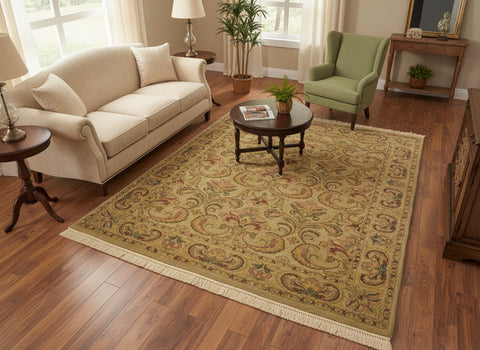 handmade Transitional  Taupe Green Hand Knotted RECTANGLE 100% WOOL area rug 4x6