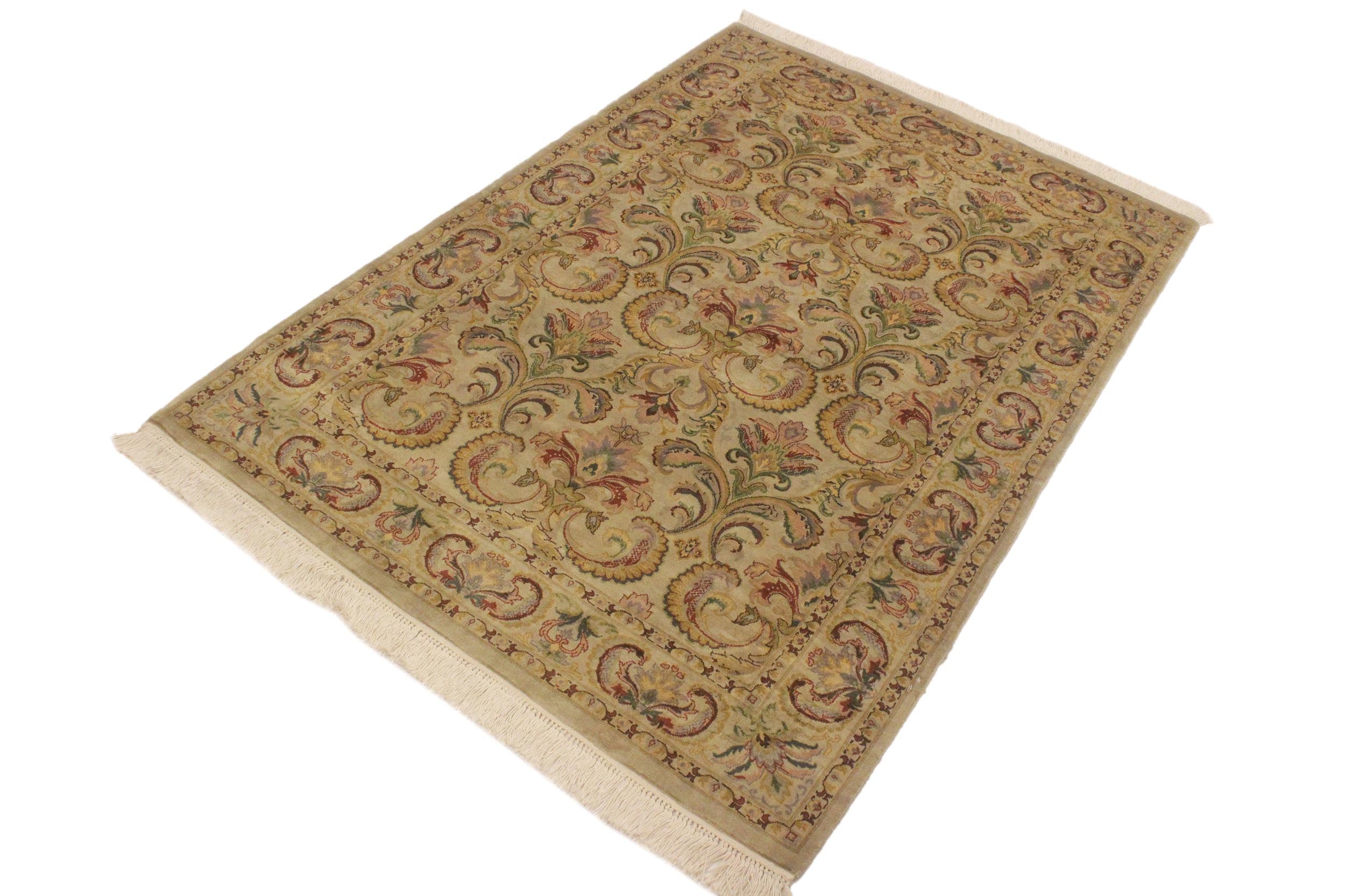 handmade Transitional  Taupe Green Hand Knotted RECTANGLE 100% WOOL area rug 4x6