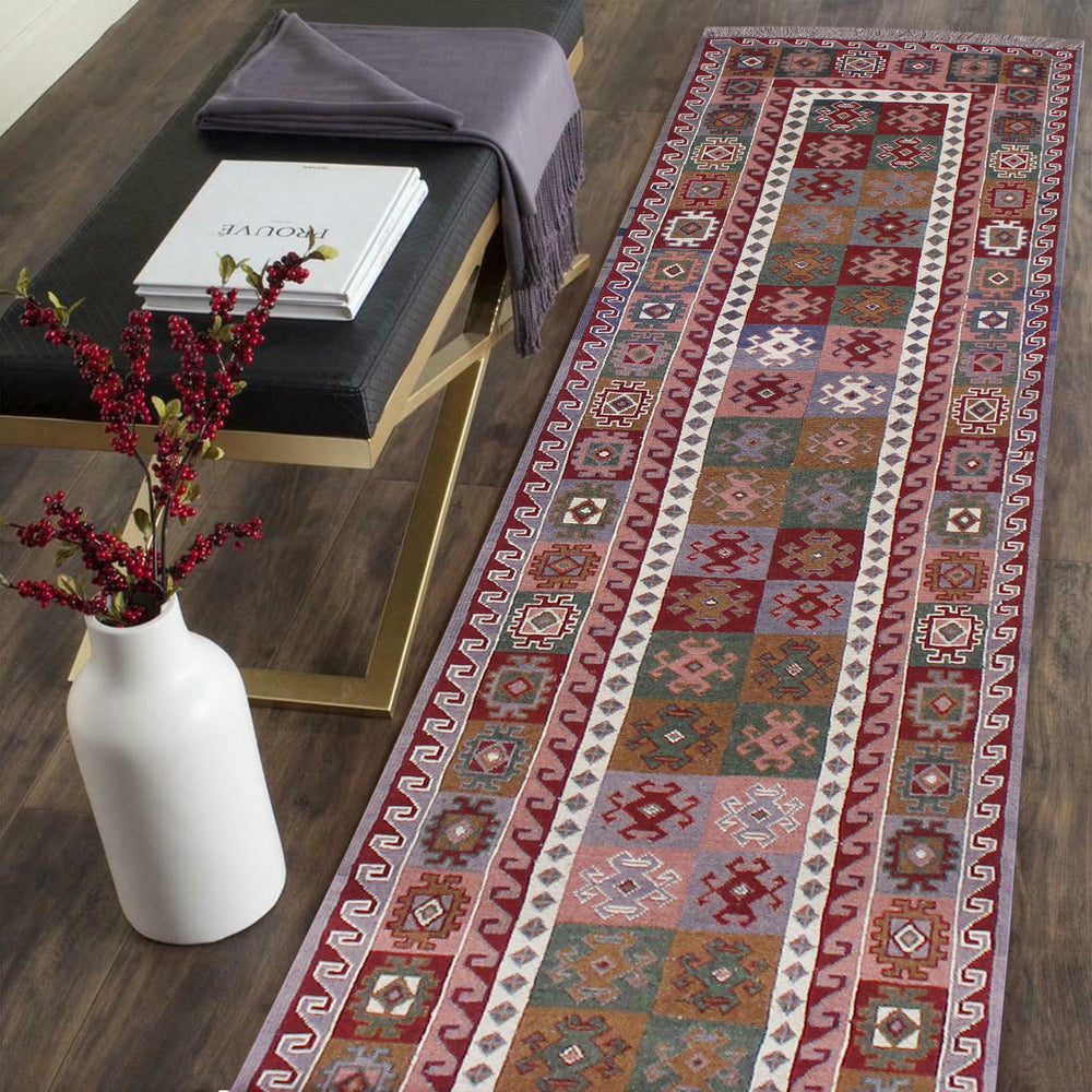 handmade Geometric Soumakh Red Gray Hand-Woven RUNNER 100% WOOL area rug 2 x 12