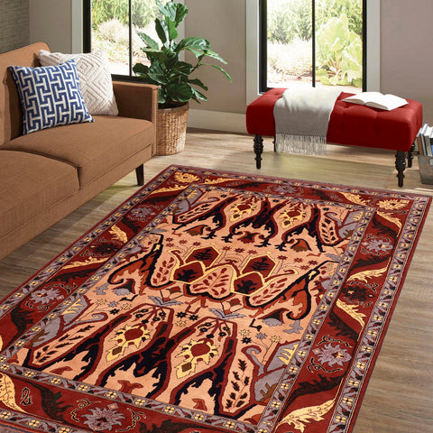 handmade Geometric Kargahi Tan Red Hand Knotted RECTANGLE 100% WOOL area rug 7x9