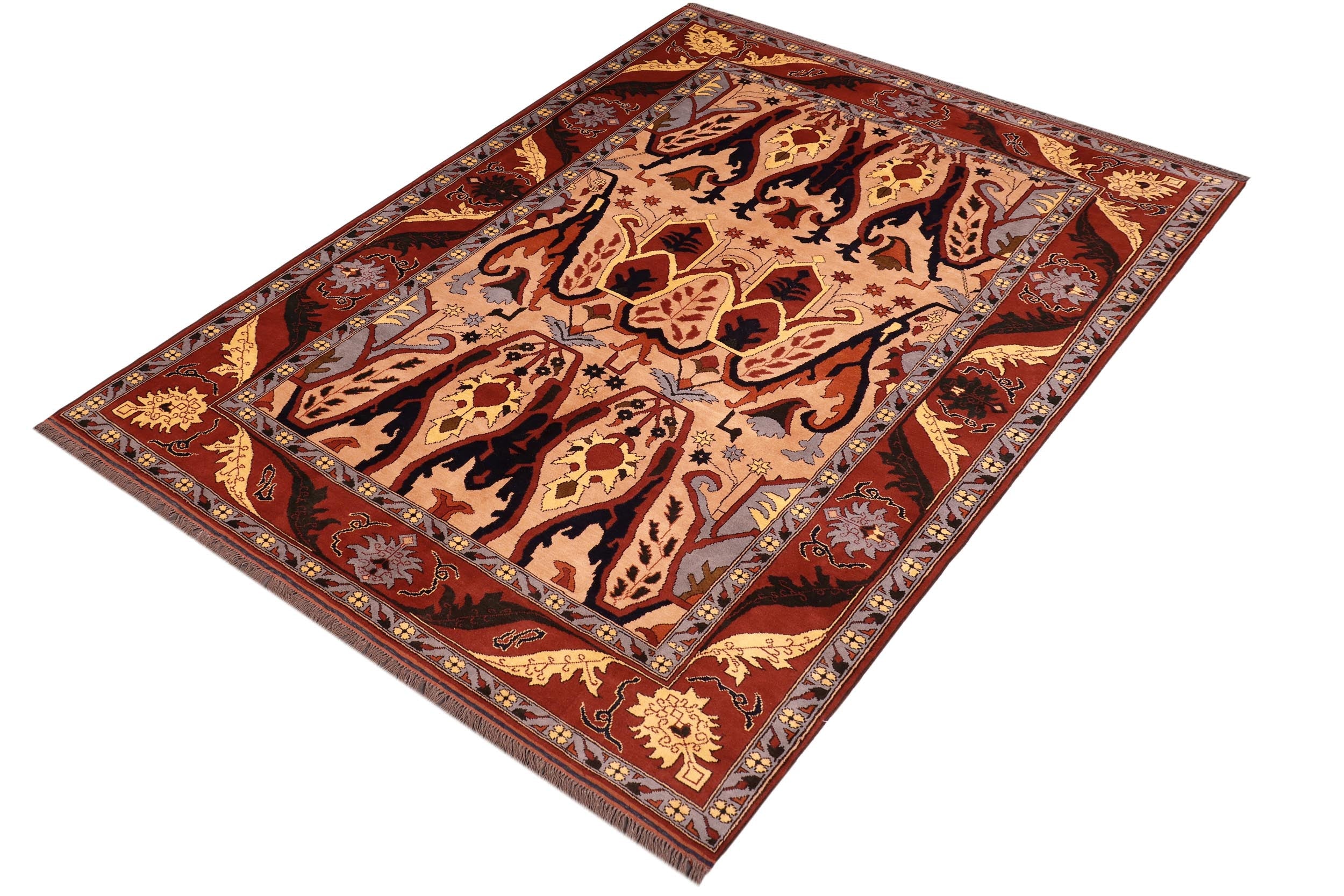 handmade Geometric Kargahi Tan Red Hand Knotted RECTANGLE 100% WOOL area rug 7x9