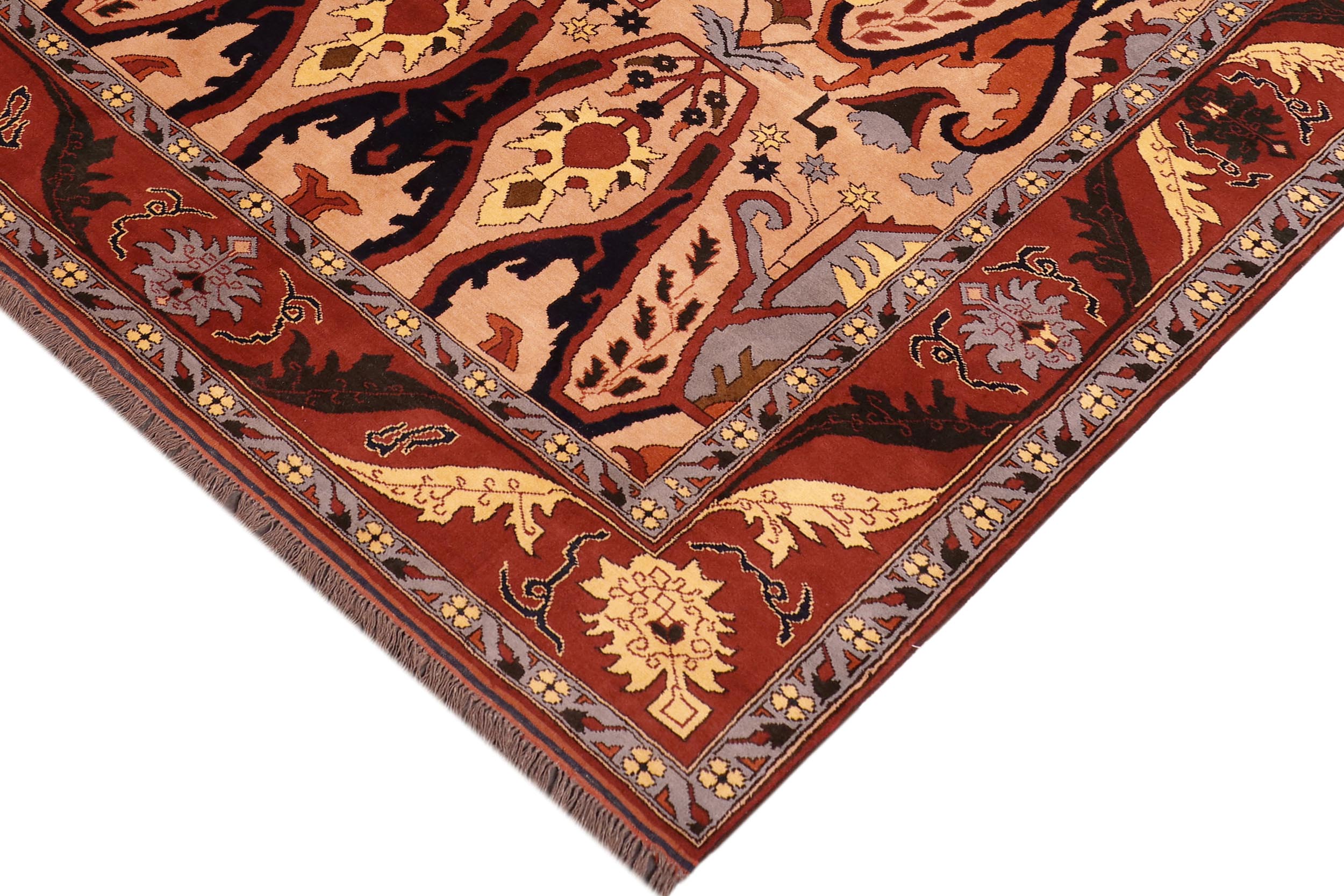 handmade Geometric Kargahi Tan Red Hand Knotted RECTANGLE 100% WOOL area rug 7x9