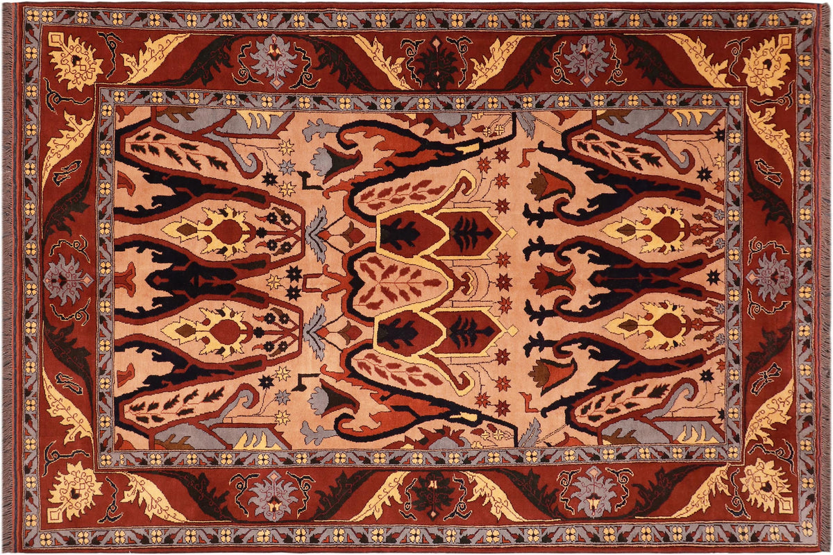 7x9 hand knotted Kargahi wool rug in tan and red - Bohemian Kargahi Salena