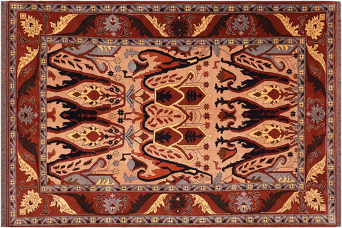 handmade Geometric Kargahi Tan Red Hand Knotted RECTANGLE 100% WOOL area rug 7x9